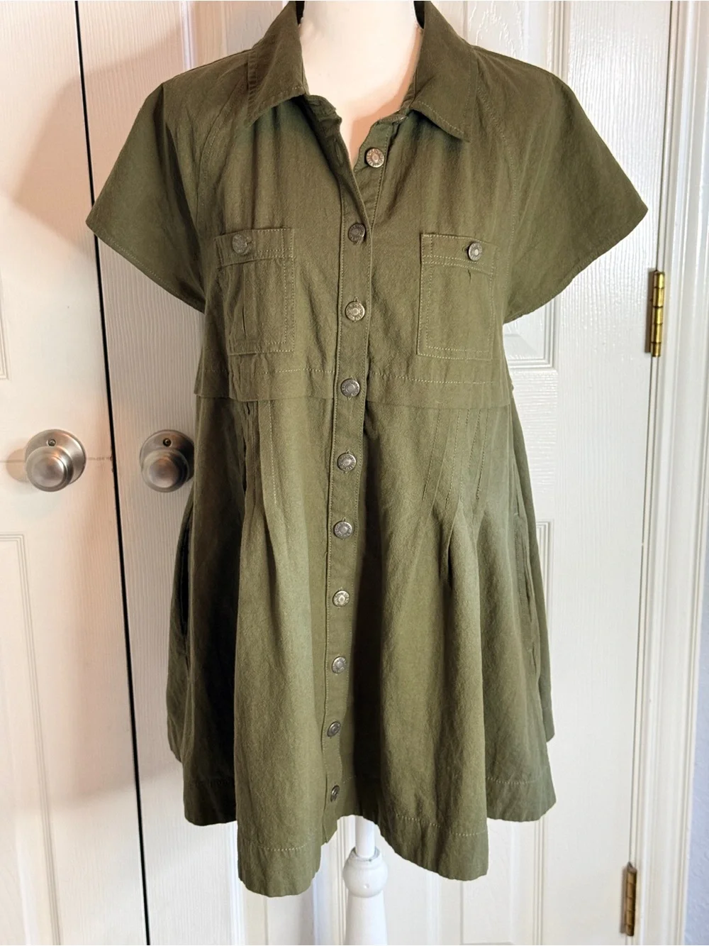 Free People Ronnie Poplin Mini Dress Garden Snake Olive Green S EUC